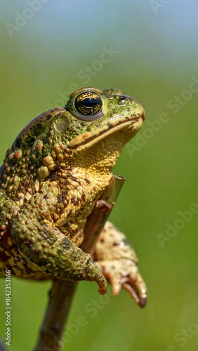 Close-up of a textured green and brown amphibian, perched on a twig, with blurred background