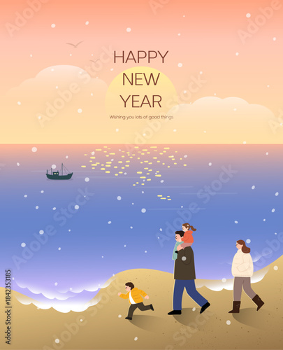 A warm illustration of a family walking on the beach with a sunrise (or sunset) and the phrase “Happy New Year.” Perfect for New Year cards, seasonal designs, and holiday graphics.