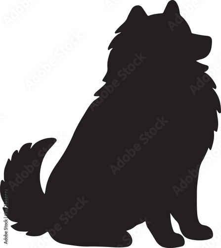 A silhouette of a fluffy dog sitting and facing forward in profile