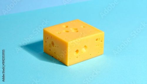 Swiss cheese block with holes on striped blue surface.
