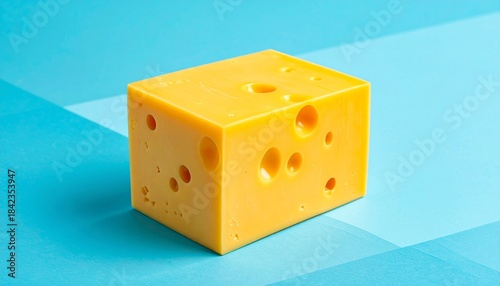 Swiss cheese block with holes on striped blue surface.