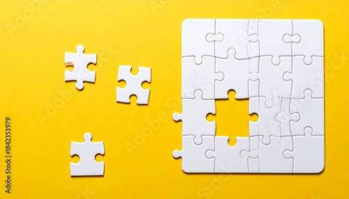 White puzzle with missing piece on bright yellow background.
