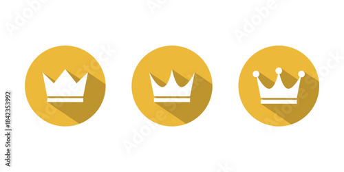Crown icon set with long shadow. Royalty, premium, and leadership symbol