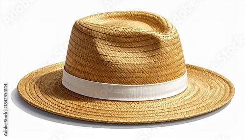 Straw sun hat with white band on neutral background.
