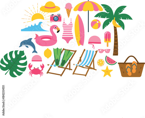 Colorful summer beach illustration set featuring tropical elements, palm trees, swimwear, umbrellas, surfboards, sea animals, fruits, and vacation accessories