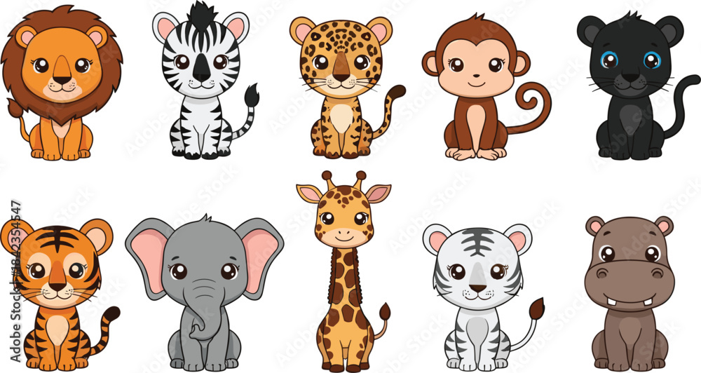 Naklejka premium Cute baby safari animal illustration set featuring lion, zebra, leopard, monkey, tiger, elephant, giraffe, hippo and adorable cartoon wildlife characters