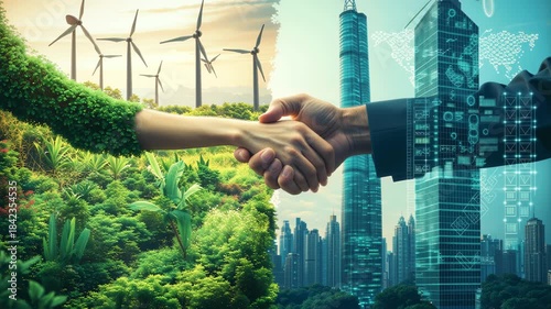 Handshake between nature and technology representing sustainable partnership