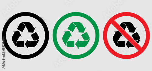 Recycle and recycling not allow sign. Recycle icon, no recycle icon, plastic, paper, glass, sign, symbol. Vector illustration