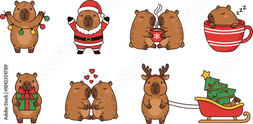 Cute Christmas capybara illustration set featuring holiday decorations, gifts, hot cocoa, Santa costumes, reindeer antlers, sleigh and festive winter scenes