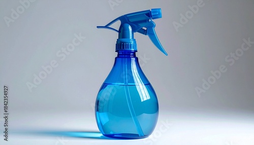 Blue ergonomic spray bottle on neutral surface.