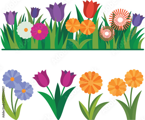 Colorful Spring Flowers and Green Grass Border With Isolated Blooms floral garden