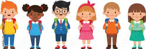 Cute school children illustration set featuring diverse kids with backpacks, school outfits, happy expressions, educational theme, and cartoon character designs