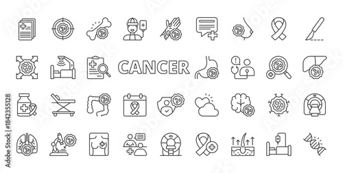 Cancer icons in line design. cancer, oncology, tumor, diagnosis, treatment, therapy, medicine on white background vector. Cancer editable stroke icons