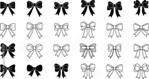 Elegant bow illustration set featuring black and white ribbon designs, decorative bows, outline styles, gift elements, and festive embellishments