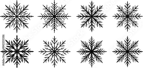 Detailed snowflake illustration set featuring intricate winter frost patterns, geometric crystal designs, symmetrical shapes, and seasonal decorative elements