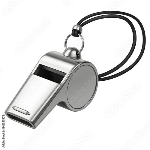 Silver metal whistle with black lanyard isolated on a black background