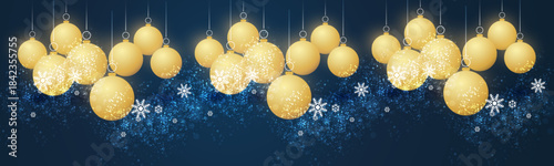 Dark Blue Extra Wide Scale Christmas Background Design, Web Template with Golden Christmas Balls and Snowflakes Pattern - Vector Illustration