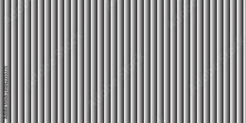 Patterned ribbed metal background with wall panel and white glass roof. Iron and plastic texture with zinc steel sheet and corrugated coating. 3D silver facade with frosted reed metal glowing effect.