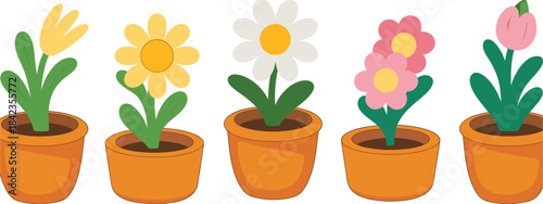 Five potted cartoon flowers with green leaves and orange pots plant garden