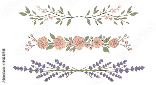 Set of three elegant floral dividers with delicate branches, pink roses, and purple lavender, featuring a charming hand-drawn style.