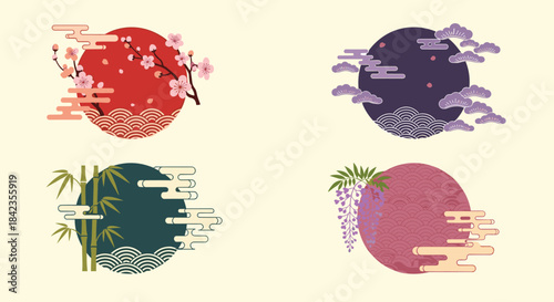 Set of four beautiful Japanese circular designs, each representing a season with corresponding flora like cherry blossoms and bamboo.