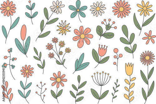 Hand Drawn Floral Elements and Leaves in Pastel Colors flower nature