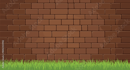 Simple cartoon background of a neat brown brick wall with a strip of vibrant green grass at the bottom under a clear sky.