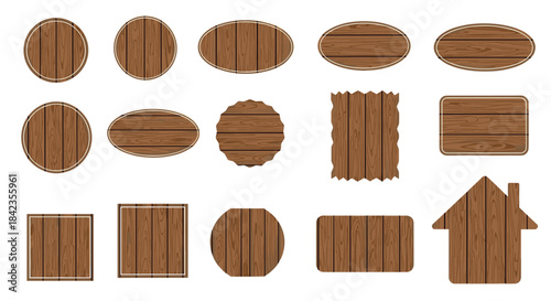 Collection of various wooden signs and frames in different shapes like circles, ovals, and rectangles, isolated on white background.