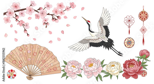 Beautiful collection of traditional Asian decorative elements, including a crane, cherry blossoms, a fan, peonies, and lanterns.