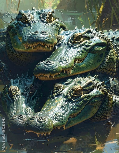 Close-up of a group of alligators. The reptiles overlap, showing heads and parts of their bodies