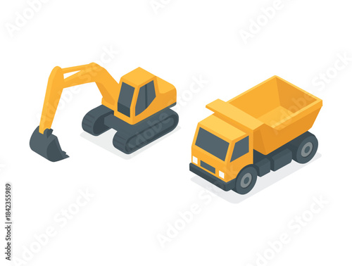 Isometric view of yellow construction excavator and dump truck.