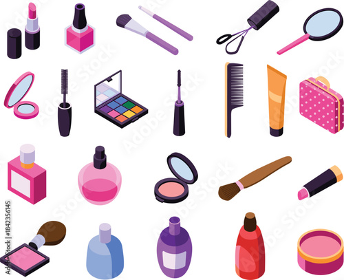 Isometric Collection of Makeup and Beauty Products On White cosmetics lipstick