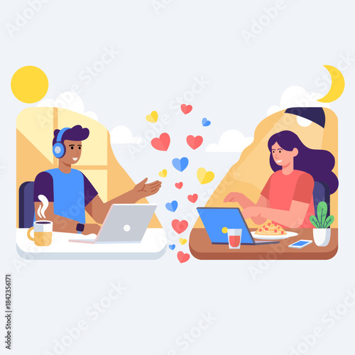 Flat design vector storytelling scene of a couple having a virtual dinner date on tablets, representing long distance relationship and modern digital love connection for Valentine's Day apps.