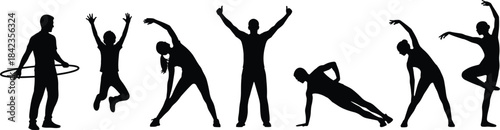 Fitness and dance silhouette vector set showing people exercising, stretching, jumping, balancing, and performing various athletic poses