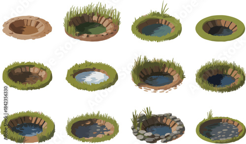 Isometric Puddles and Small Ponds with Grass and Rocks Keywords: puddle, pond, water, hole, pit