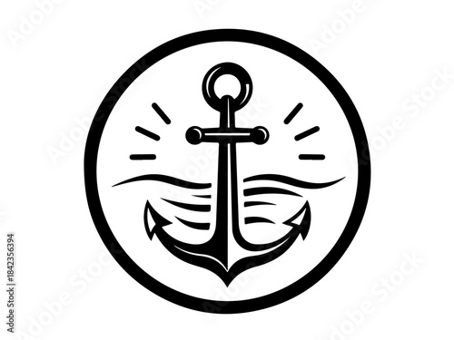 A black and white circular logo featuring a nautical anchor with waves and radiating lines.