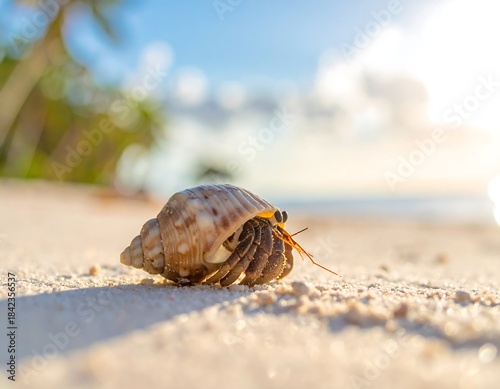 Close-up of a tiny crab with shell on a sandy beach, sunny day, clear blue sky