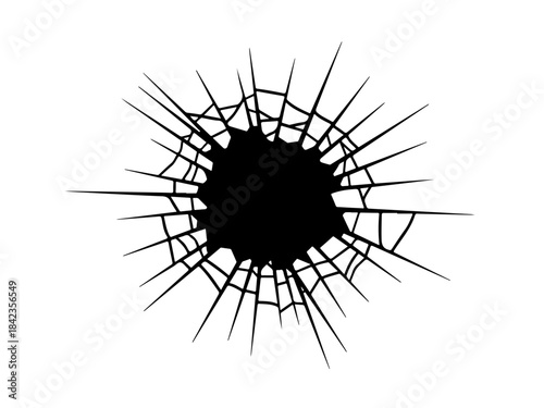 A black abstract representation of a shattered glass effect with sharp radiating lines.