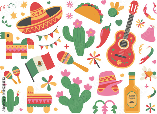 Mexican Fiesta Elements Sombrero Cactus Pinata Guitar Tequila Flag celebration culture