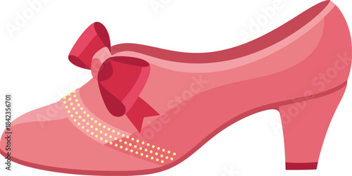 Pink High Heel Shoe With Red Bow and Yellow Dot Embellishment vector illustration