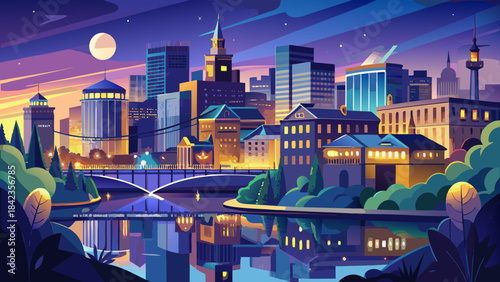 Very beautiful nighttime cityscape of Richmond with glowing buildings, reflections on the river, and a calm urban atmosphere that enhances the mood of modern architectural night photography.
