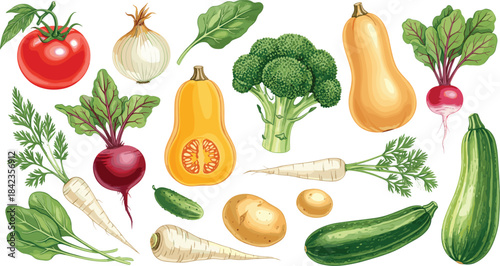 Fresh vegetable collection vector set with tomato, broccoli, squash, radish, spinach, cucumber, potatoes, and root vegetables