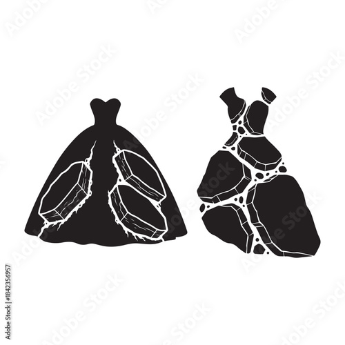 Two Black Silhouettes Showcasing Crystalline Inlays and Architectural Garment Forms