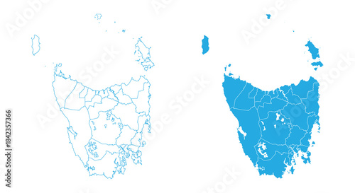 Detailed blue vector map set of Tasmania Australia showing regions and boundary lines
