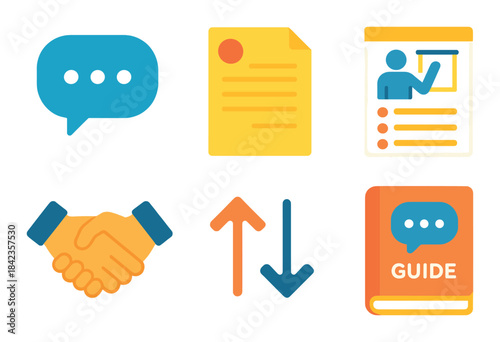 Colorful business communication icons on gradient background