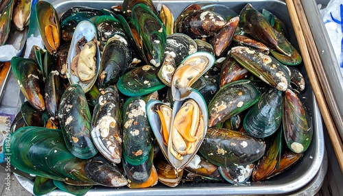 Close-up of a tray filled with steamed green mussels, ready for eating, seafood