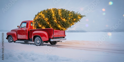 Vintage red pickup truck transporting a beautifully decorated Christmas tree with glowing lights through a snowy landscape, capturing the essence of holiday joy and nostalgia