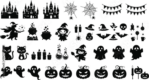 Halloween silhouette vector set featuring witches, haunted castles, ghosts, pumpkins, bats, spiders, cauldrons, and festive holiday decorations