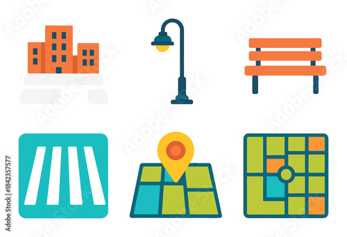 Colorful abstract urban icons featuring buildings, streetlight, bench, maps