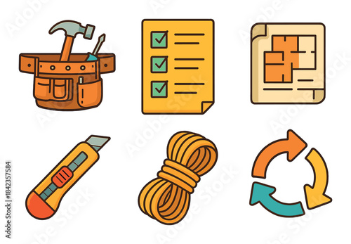 Construction tools and planning icons featuring toolbelt and floor plan